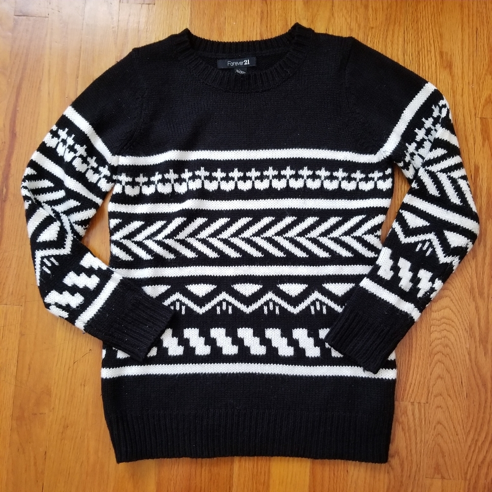 Forever 21 Aztec Knit Black and White Crew Sweater